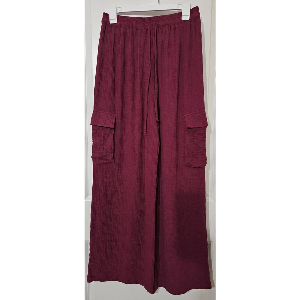 Francesca’s Mi Ami Women’s Burgundy Cotton Gauze Cargo Wide Leg Pants Size M